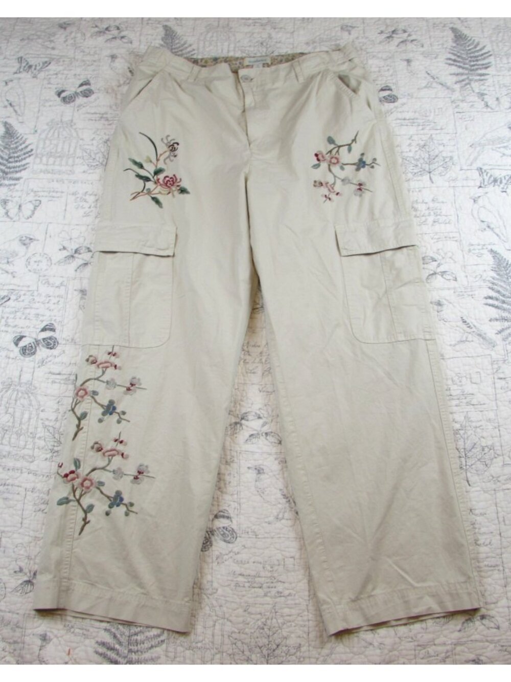 Sundance Women Cream Floral Embroidered Casual Boho straight Leg summer pants 16